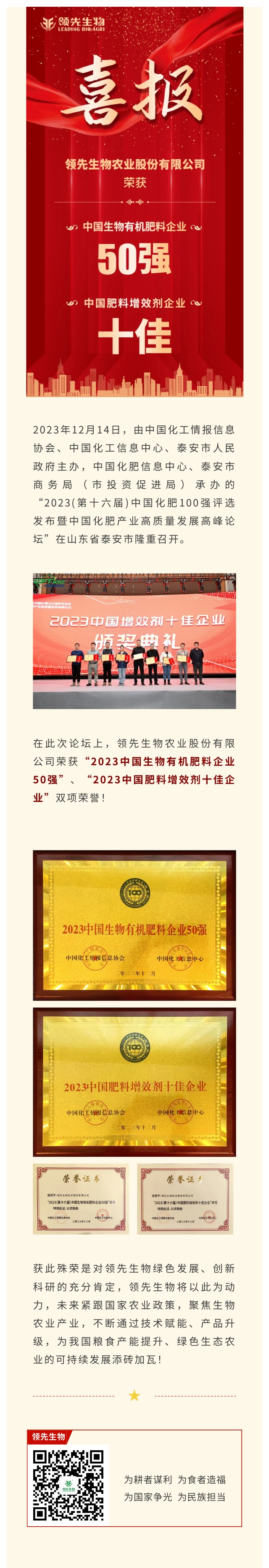 實(shí)力上榜 | 領(lǐng)先生物榮獲2023中國生物有機(jī)肥料企業(yè)50強(qiáng)！中國肥料增效劑十佳企業(yè)！